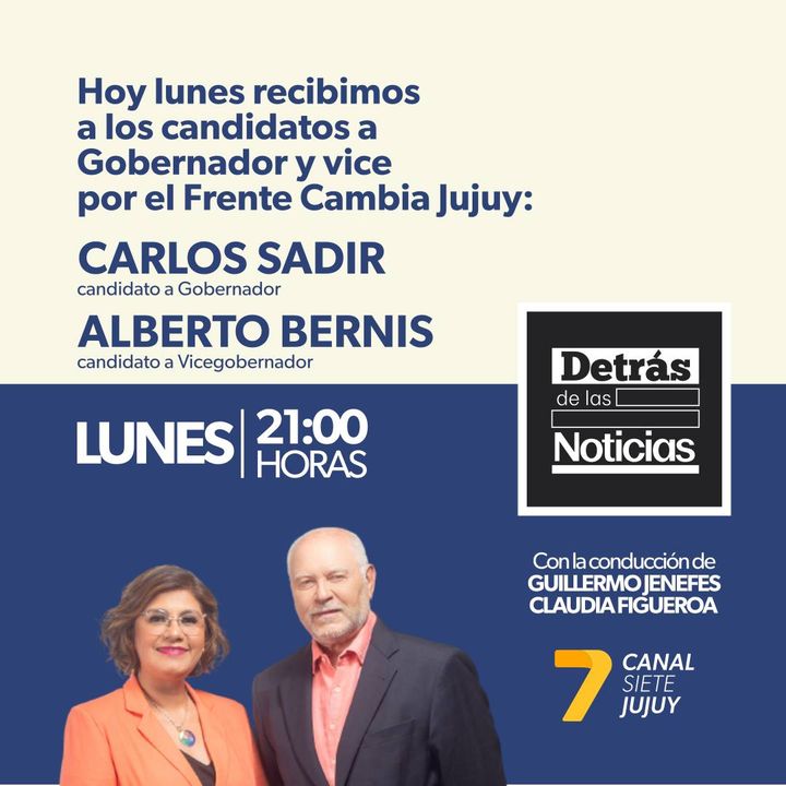 Hoy #lunes 21:00 hs. #envivo por #Canal7deJujuy.
Recibimos a los candidatos a gobernador y vice por el Frente Cambia Jujuy.
Cond…